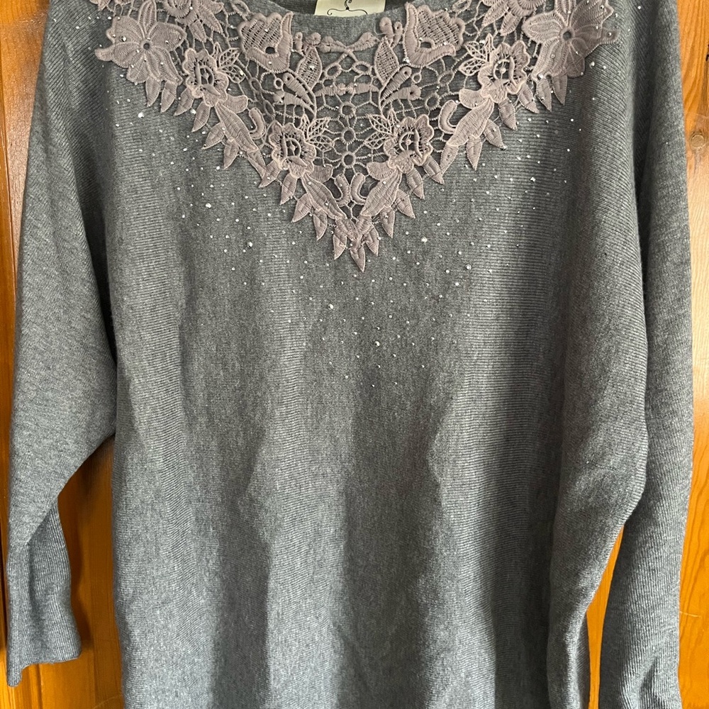 Gray Knit Sweater with Lace Yoke and Rhinestone Accents